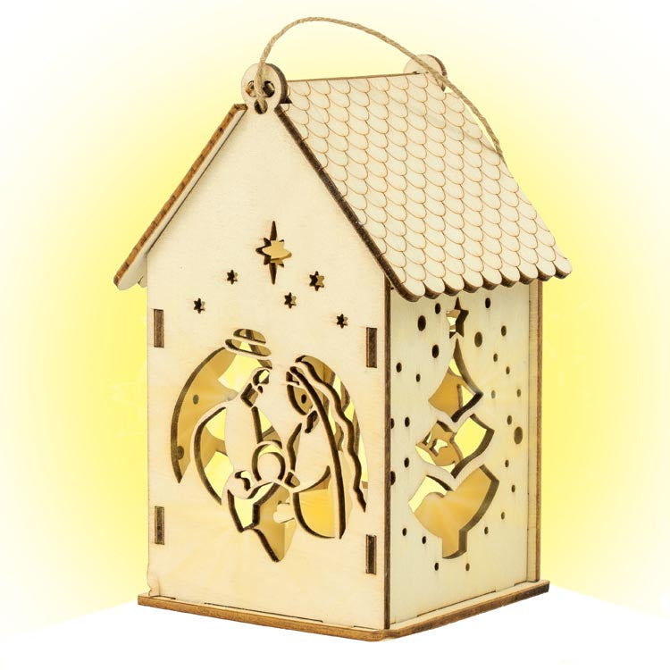 Świąteczny lampion drewniany domek witraż