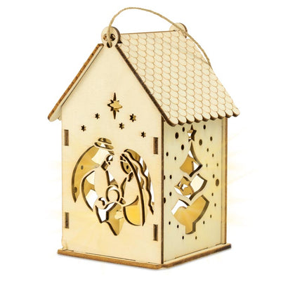 Świąteczny lampion drewniany domek witraż