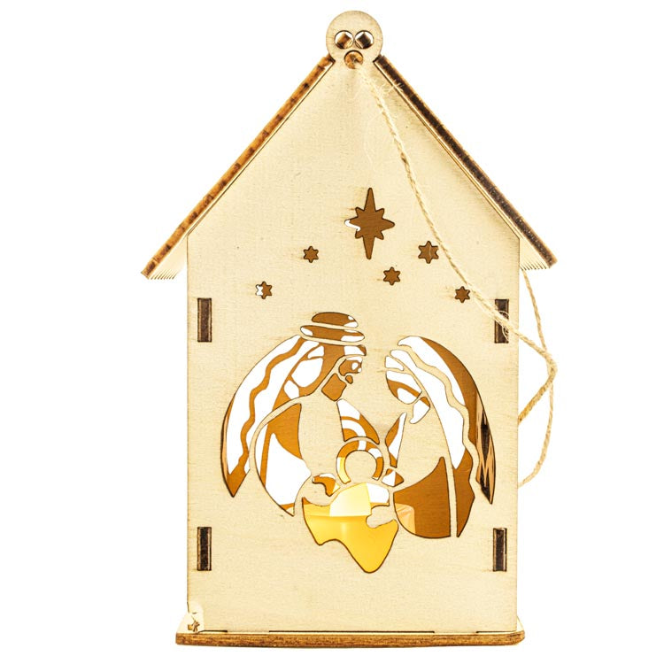 Świąteczny lampion drewniany domek witraż