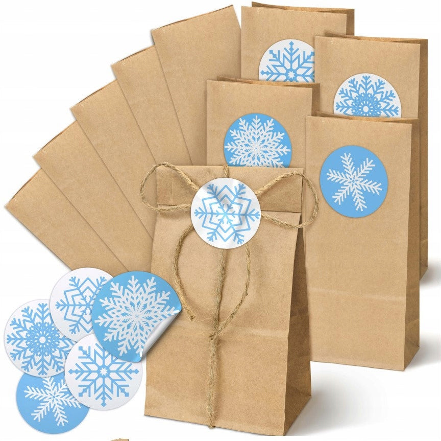 Zestaw 10 torebek papierowych  klockowych  brązowe 8x6,5x19 cm + naklejki