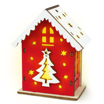 Domek drewniany adwentowy czerwony z choinką świąteczna