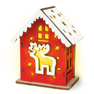 Domek drewniany adwentowy czerwony z jeleniem świąteczna latarenka dekoracyjna
