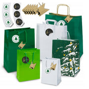 Zestaw świątecznych toreb papierowych z naklejkami i winietkami mix rozmiarów Zielone 8szt.