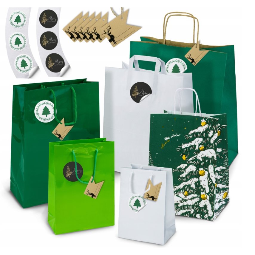 Zestaw świątecznych toreb papierowych z naklejkami i winietkami mix rozmiarów Zielone 8szt.