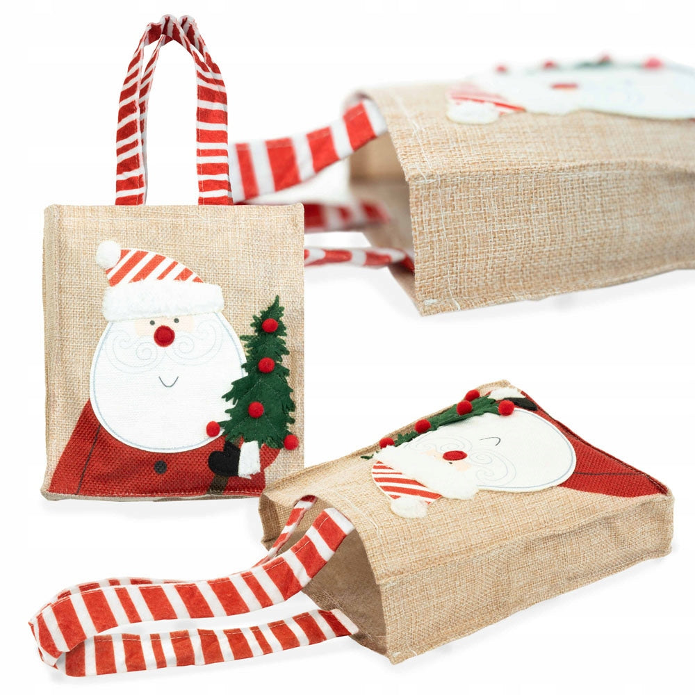 Torba Jutowa 15x4x19cm Beżowa z Mikołajem Czerwone Uchwyty w Paski