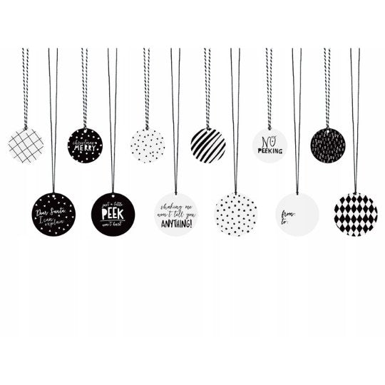 Winietki czarno-białe do prezentów zestaw 12szt.