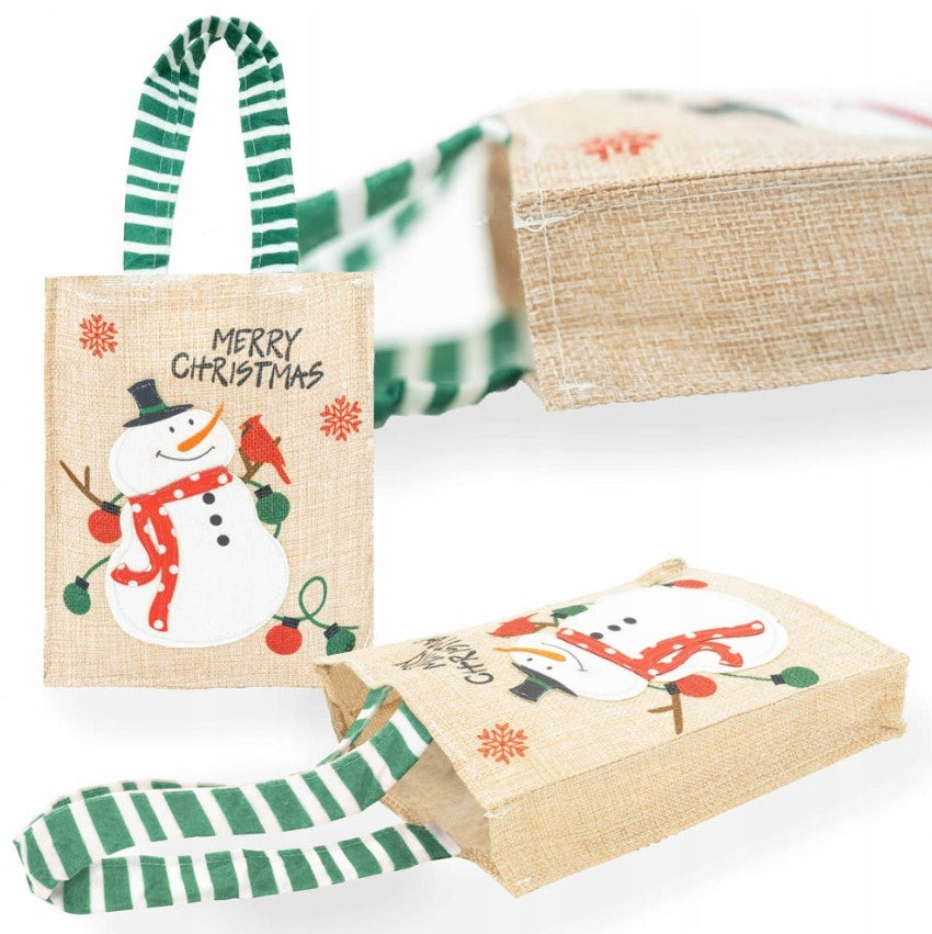 Torba Jutowa 15x4x19cm Beżowa z Bałwanem MERRY CHRISTMAS
