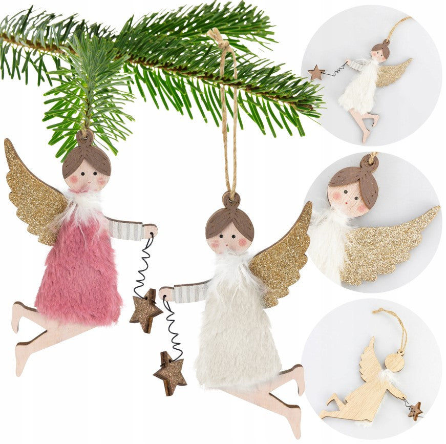 Anioł świąteczny figurka wisząca drewniana zawieszka choinkowa 16 cm