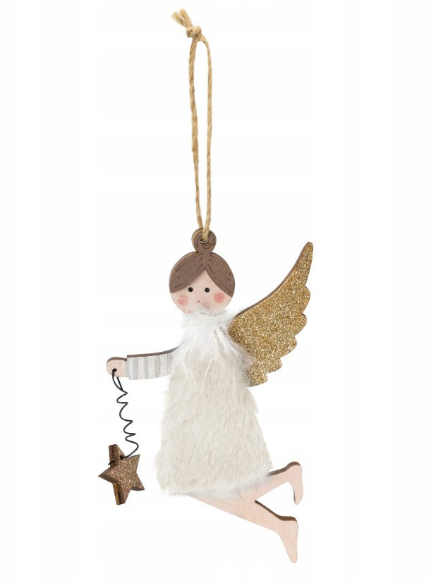 Anioł świąteczny figurka wisząca drewniana zawieszka choinkowa 16 cm