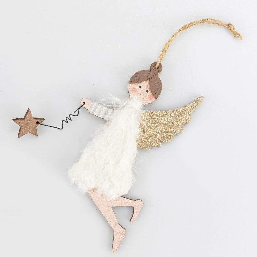Anioł świąteczny figurka wisząca drewniana zawieszka choinkowa 16 cm
