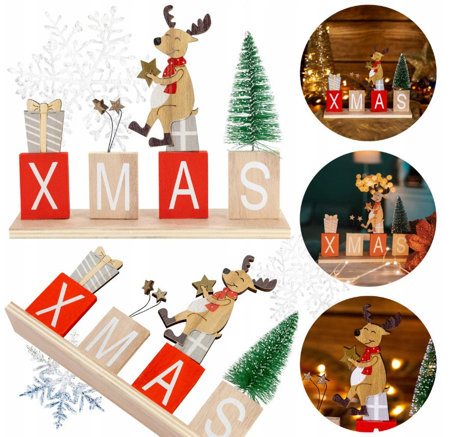 Drewniana figurka świąteczna XMAS z choinką ozdoba stojąca 18,5cm