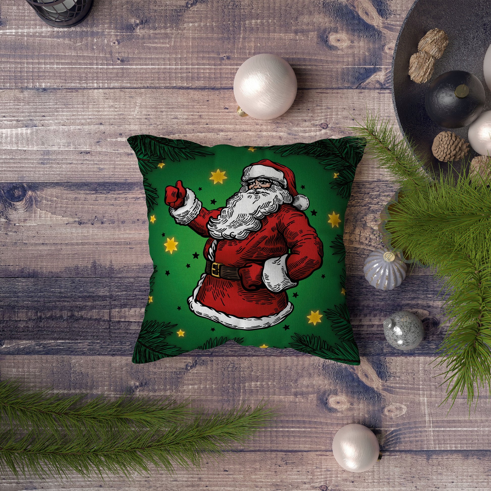 Świąteczna poszewka dekoracyjna 25×25 cm zielona Święty Mikołaj