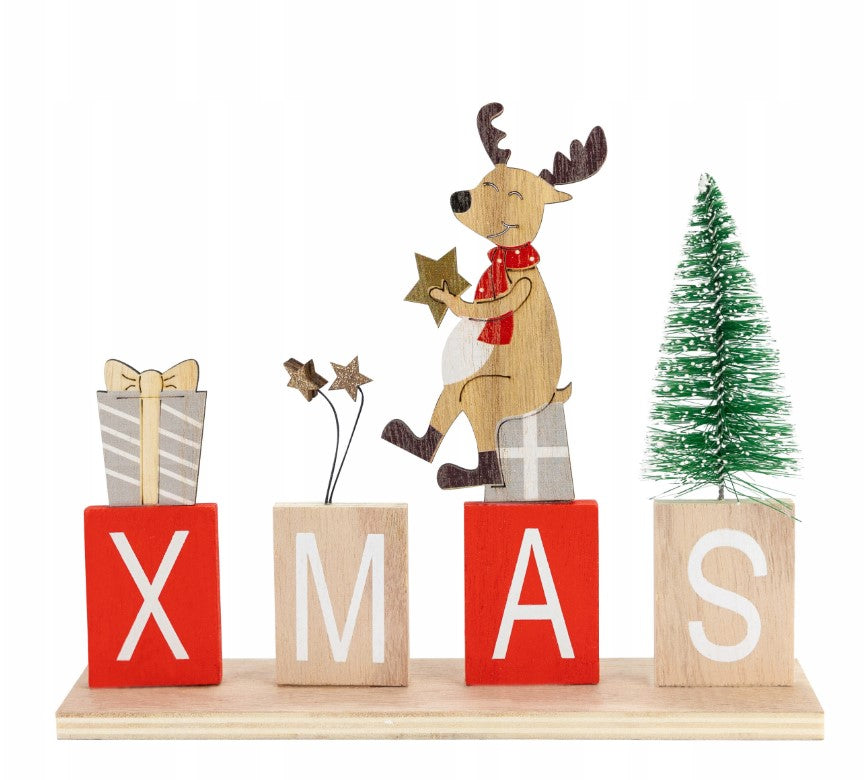 Drewniana figurka świąteczna XMAS z choinką ozdoba stojąca 18,5cm
