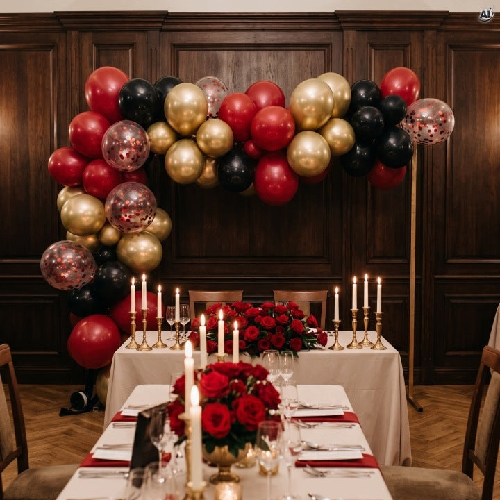 Balony Czerwone Czarne Złote z Konfetti 60 szt.