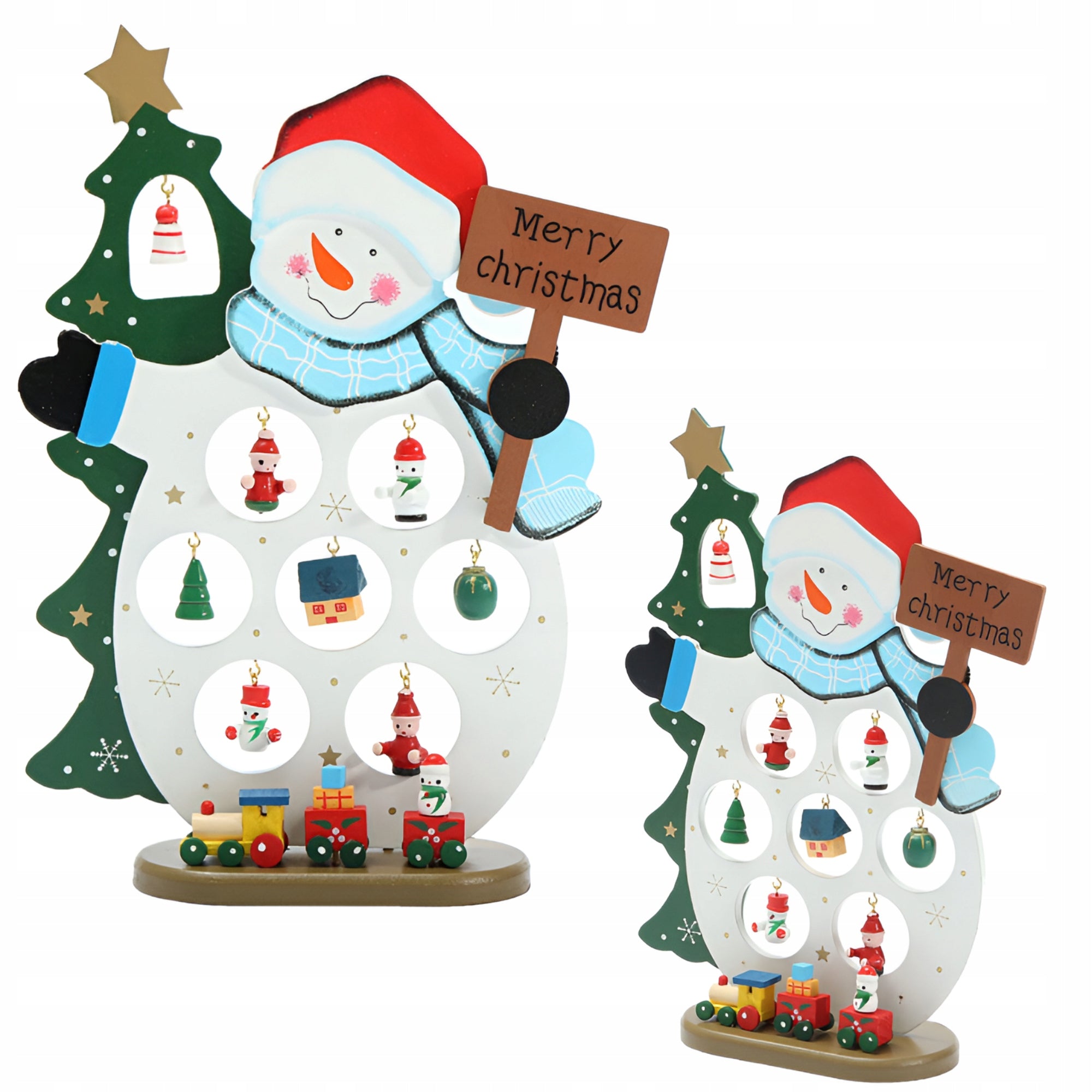 Drewniana figurka bałwana z zawieszkami świątecznymi 25 cm