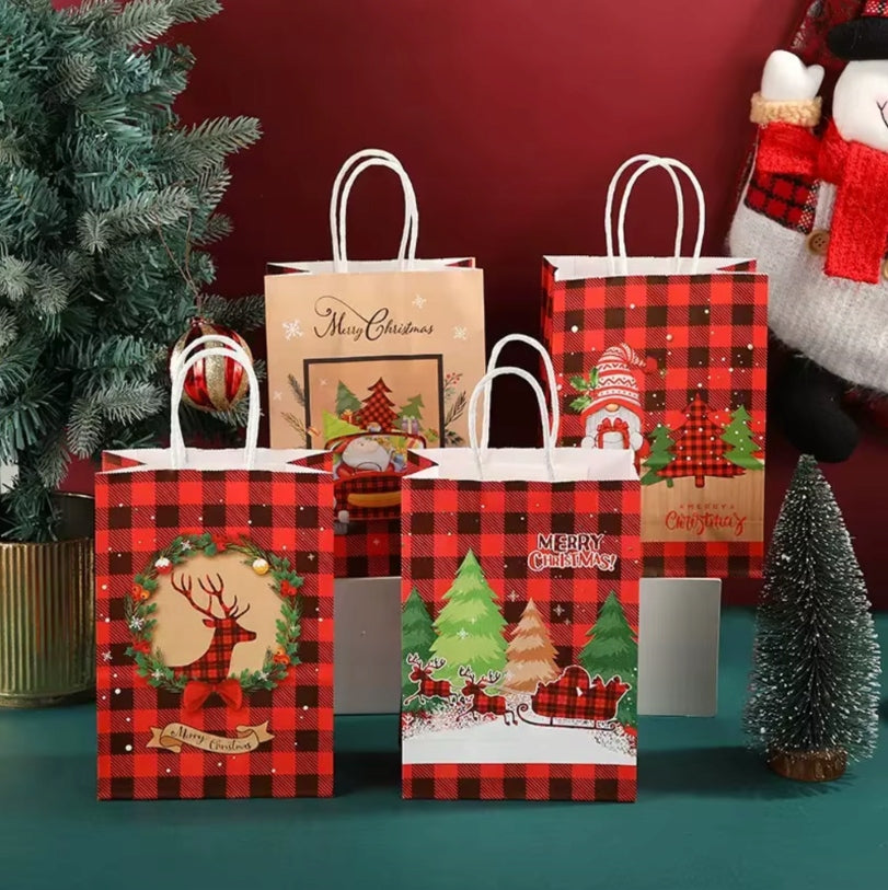 Torba Papierowa z uchwytem skręcanym 330x120x260mm czerwona krata wzór Świąteczny 4szt.