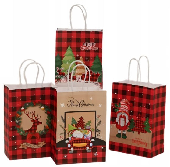 Torba Papierowa z uchwytem skręcanym 330x120x260mm czerwona krata wzór Świąteczny 4szt.