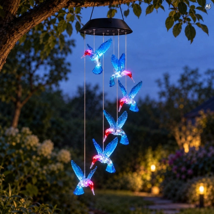 Solarne dzwonki wietrzne z kolibrami LED