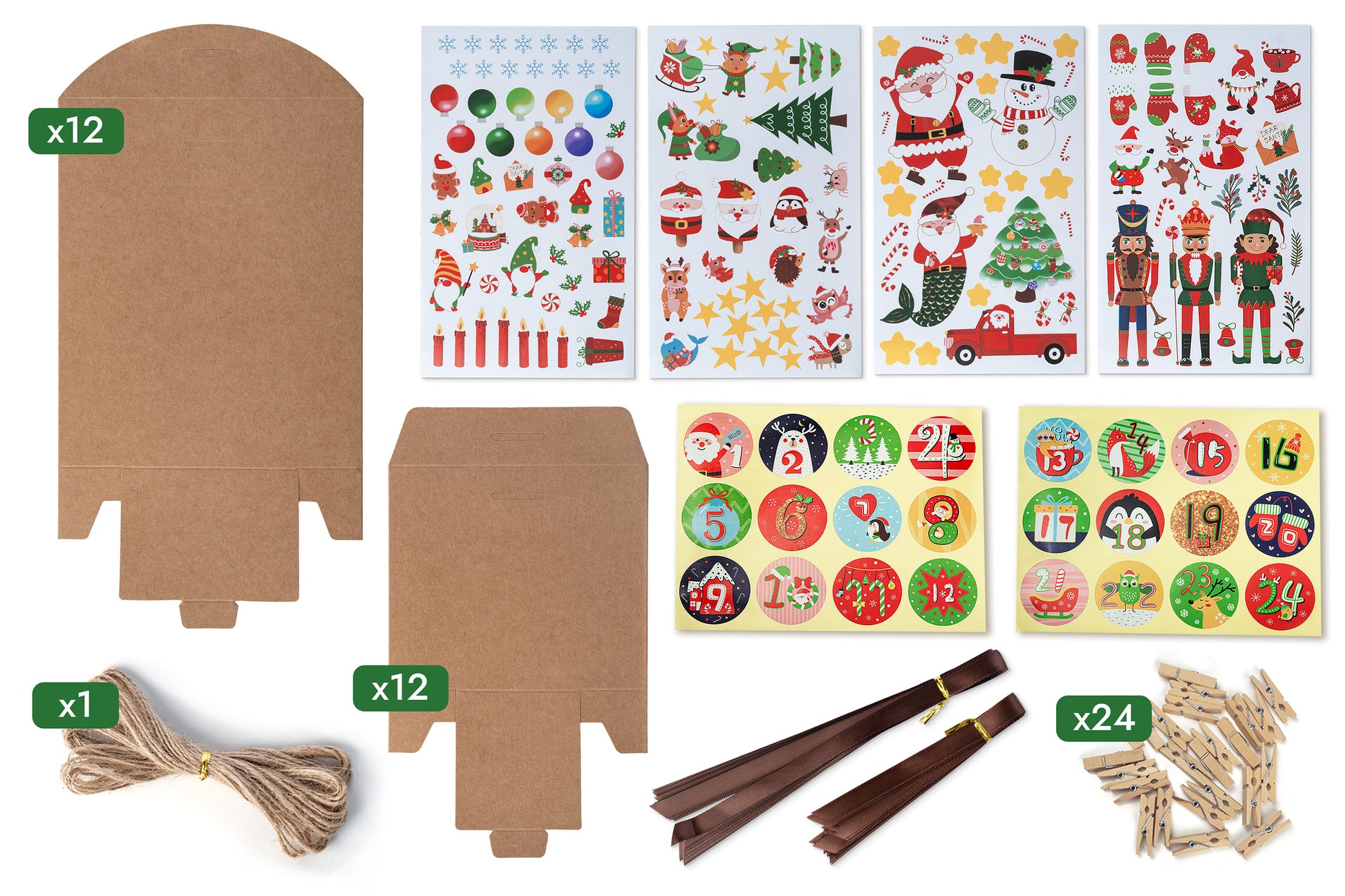 Pudełkowy kalendarz adwentowy z naklejkami świątecznymi