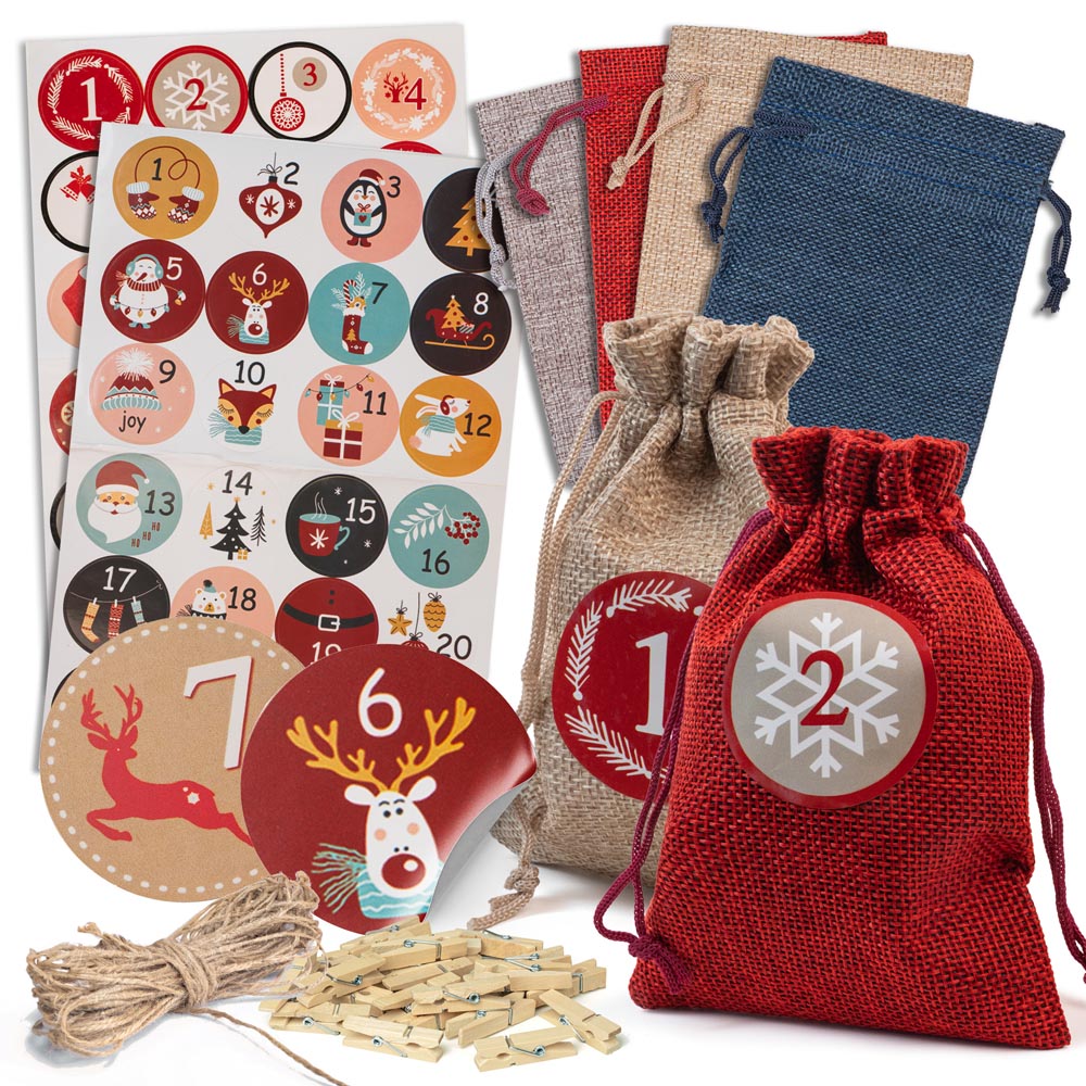 Kalendarz Adwentowy 24 Wiszące Woreczki z Naklejkami