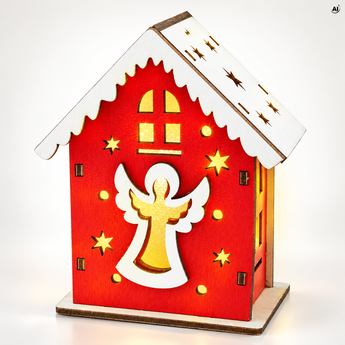 Drewniany lampion świąteczny z LED domek z aniołkiem