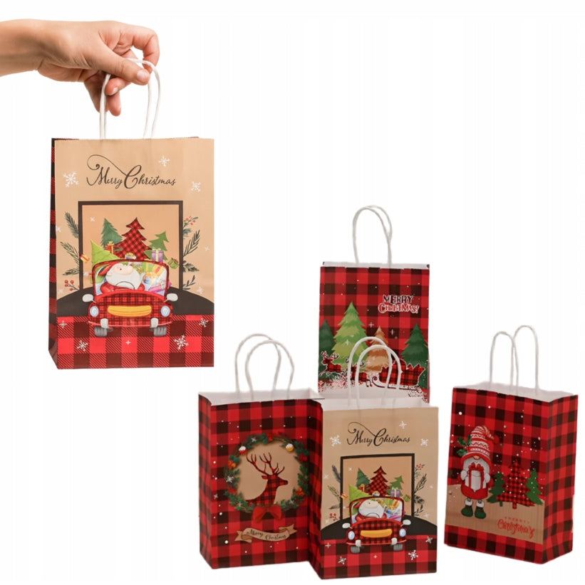 Torba Papierowa z uchwytem skręcanym 210x80x150mm czerwona krata wzór Świąteczny 4szt.