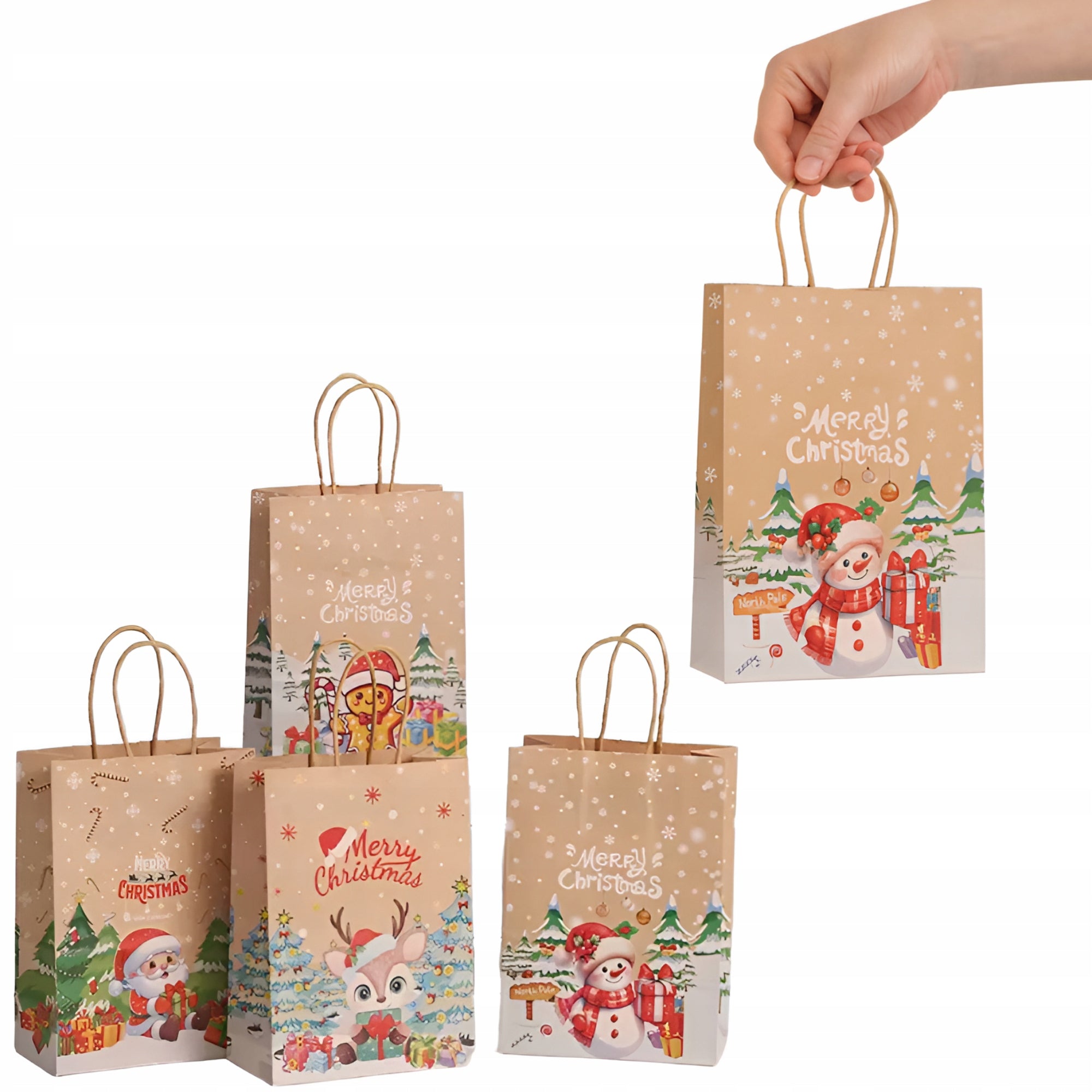 Torba Papierowa z uchwytem skręcanym 210x80x150mm brązowa wzór Świąteczny 4szt.