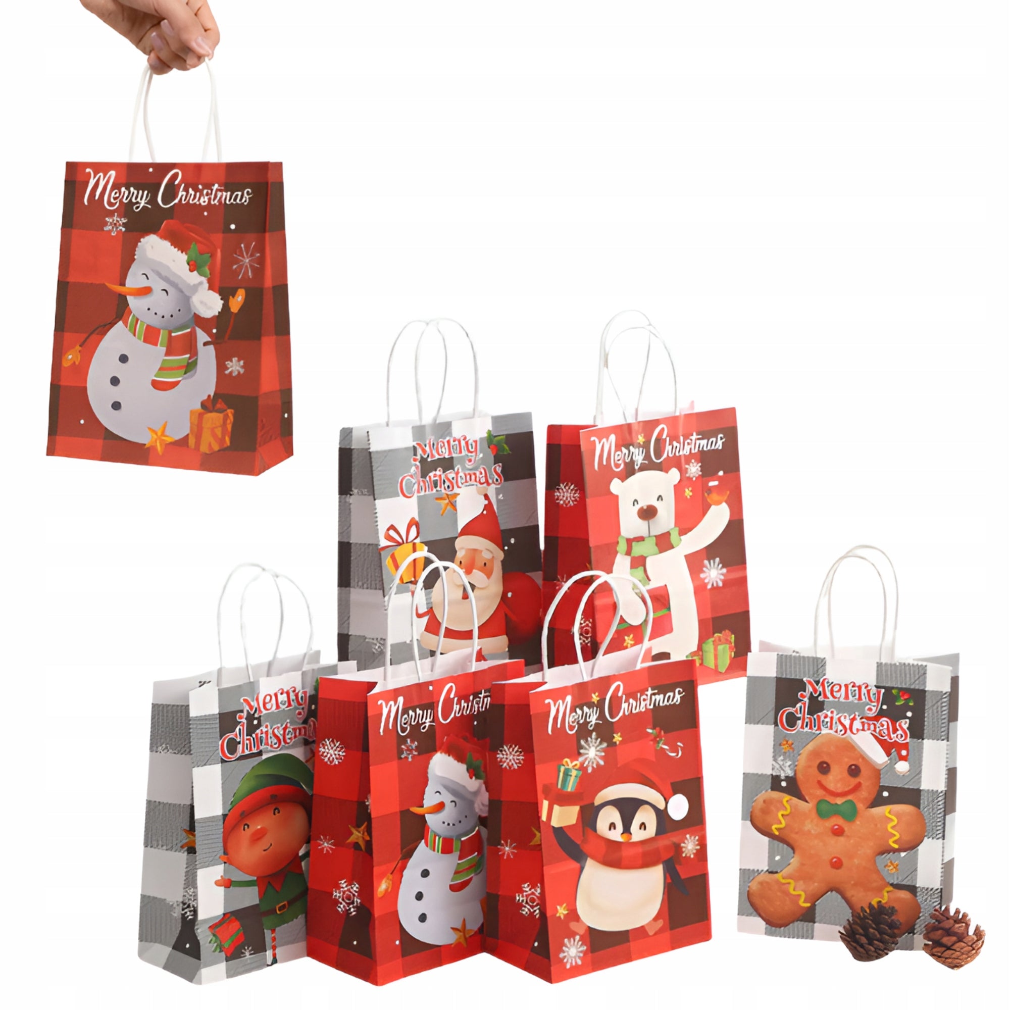 Torba Papierowa z uchwytem skręcanym 330x120x260mm czerwona krata wzór Świąteczny 4szt.
