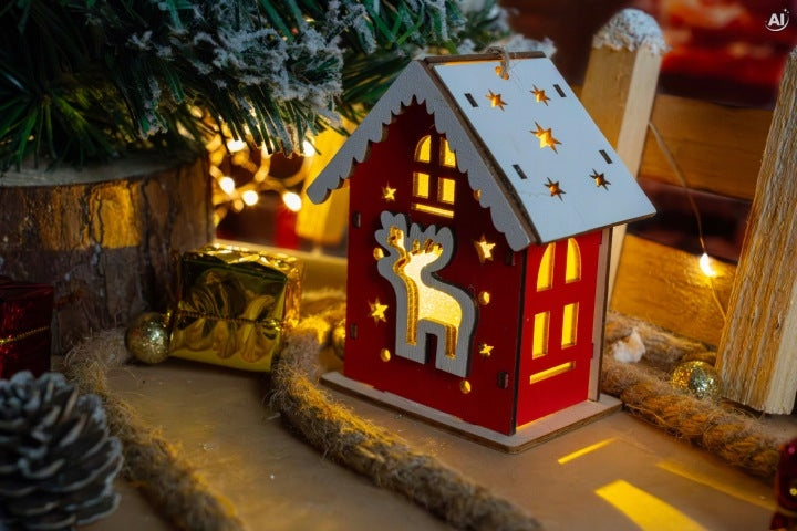 Lampion świąteczny drewniany domek LED,