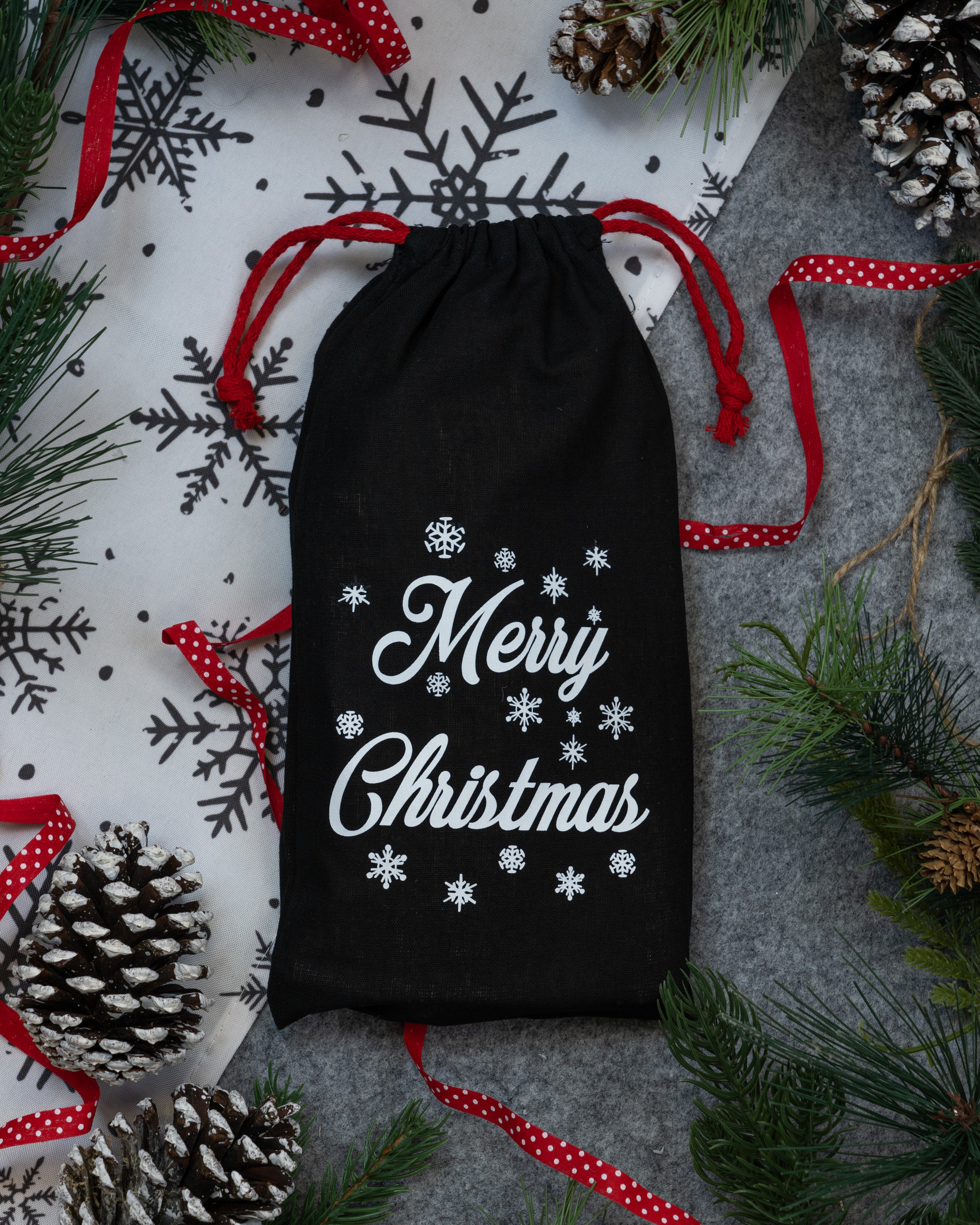 Worek świąteczny bawełniany 130x270 mm czarny Merry Christmas biały nadruk