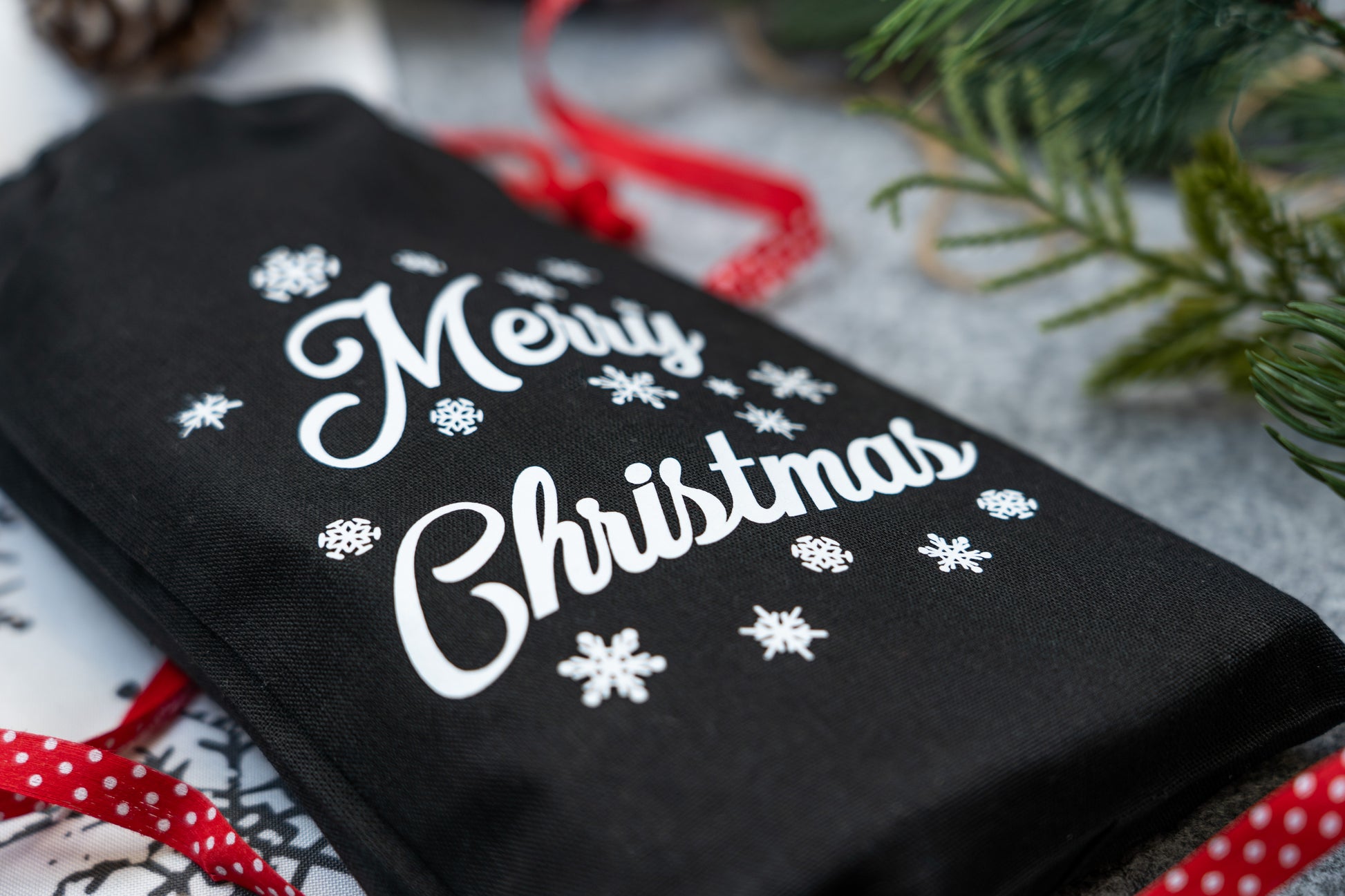 Worek świąteczny bawełniany 130x270 mm czarny Merry Christmas biały nadruk