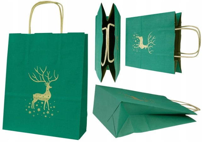 Torba Papierowa Świąteczna 180x80x225 Zielona Renifer 5szt