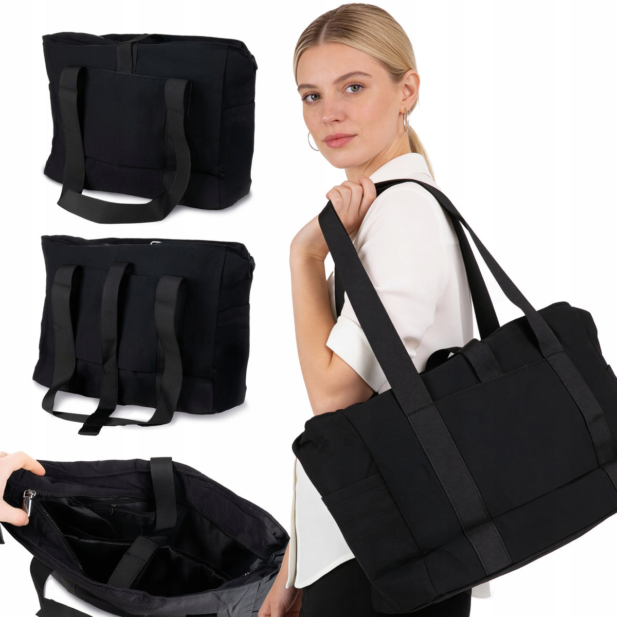 Pojemna torba na ramię shopper, czarna, 38 x 15 x 30 cm