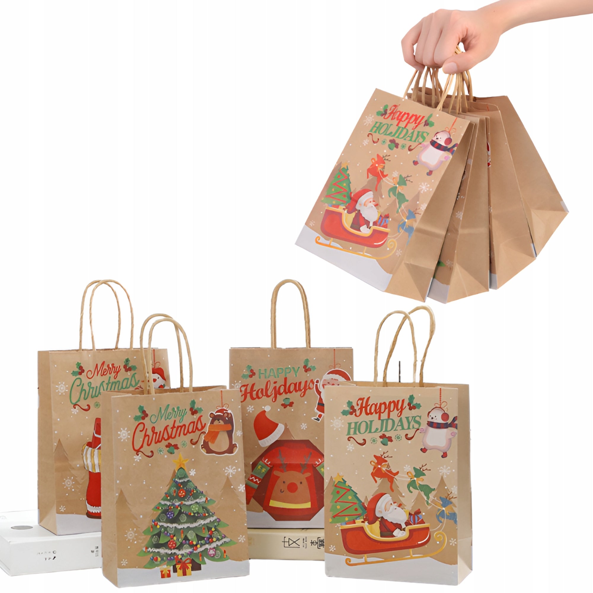 Torba Papierowa z uchwytem skręcanym 210x80x150mm brązowa wzór Świąteczny 4szt.