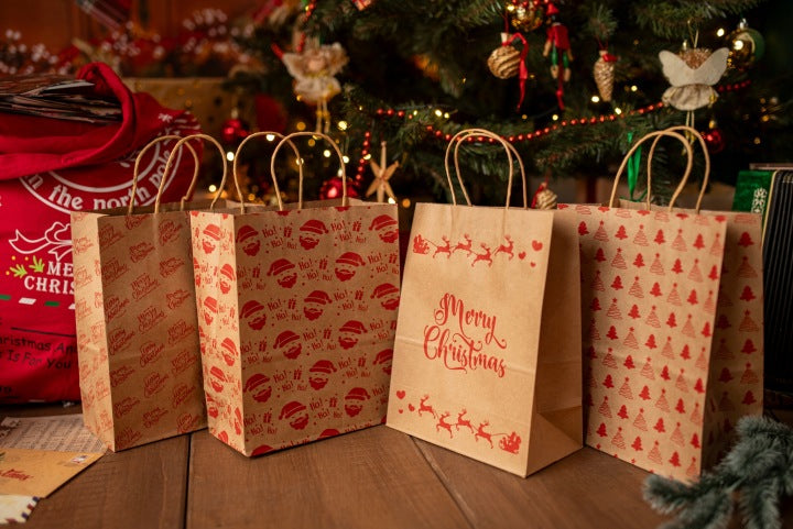 Torebki świąteczne brązowe z nadrukiem 26x12x33 cm zestaw 4 szt.