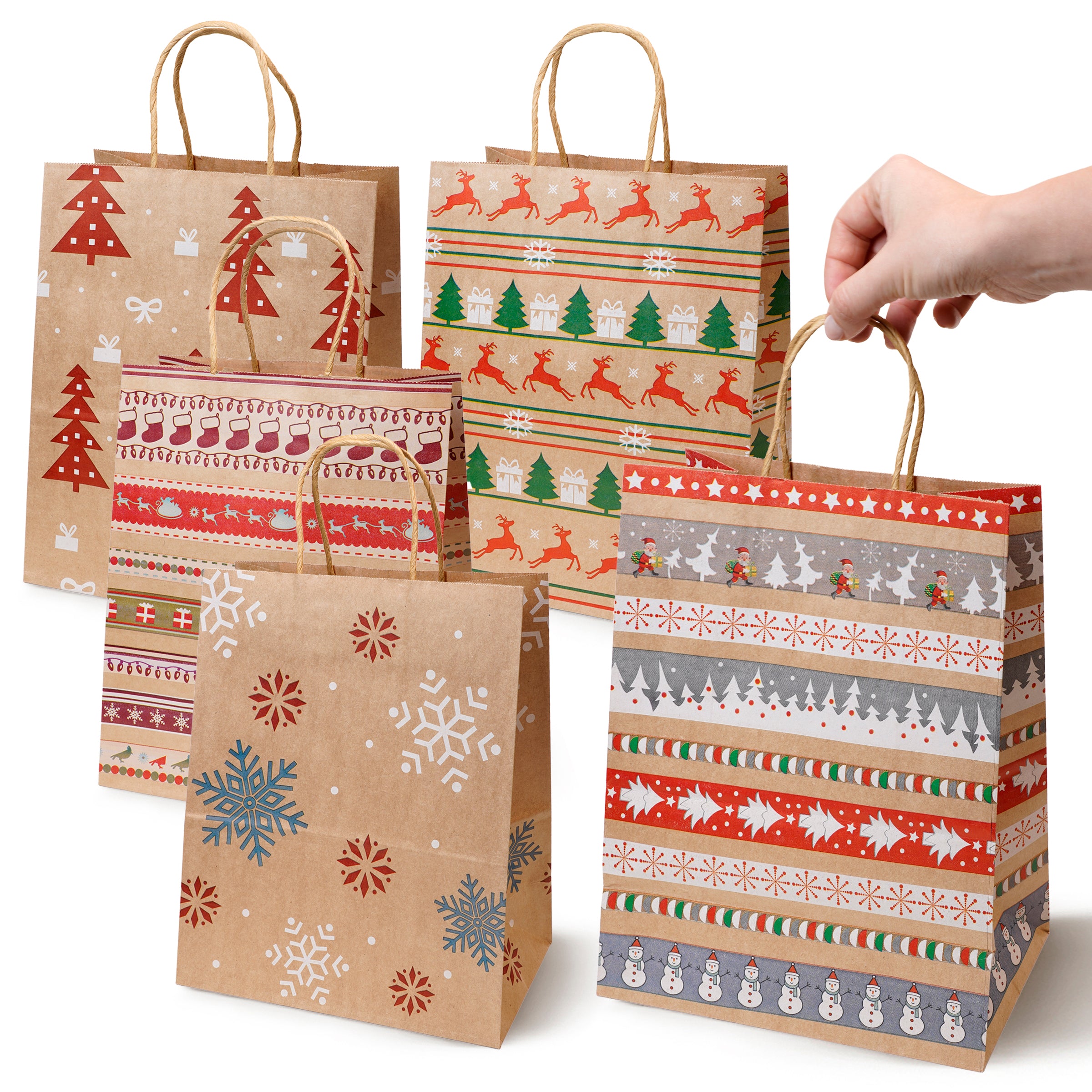 Torba Papierowa z Uchwytem Skręcanym 270x110x210mm Brązowa Wzór Świąteczny 4szt.