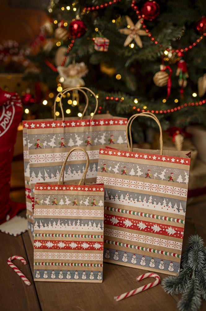 Torba Papierowa z uchwytem skręcanym 210x80x150 brązowa wzór Świąteczny 4szt.