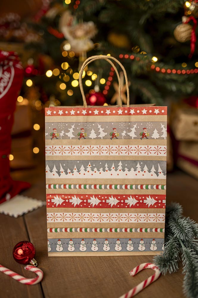 Torba Papierowa z uchwytem skręcanym 210x80x150 brązowa wzór Świąteczny 4szt.