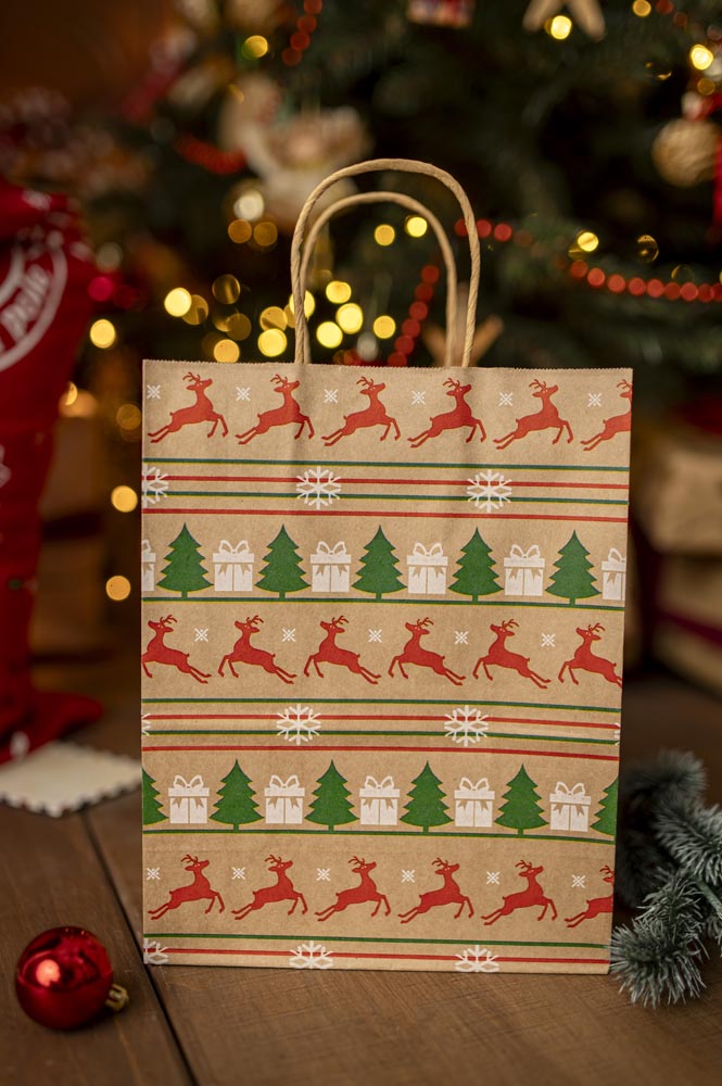 Torba Papierowa z uchwytem skręcanym 210x80x150 brązowa wzór Świąteczny 4szt.