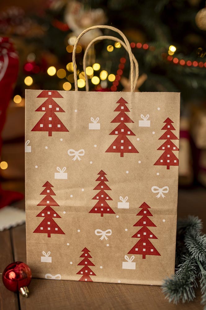 Torba Papierowa z uchwytem skręcanym 210x80x150 brązowa wzór Świąteczny 4szt.
