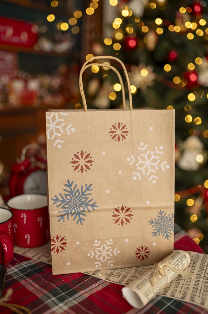 Torba Papierowa z uchwytem skręcanym 210x80x150 brązowa wzór Świąteczny 4szt.