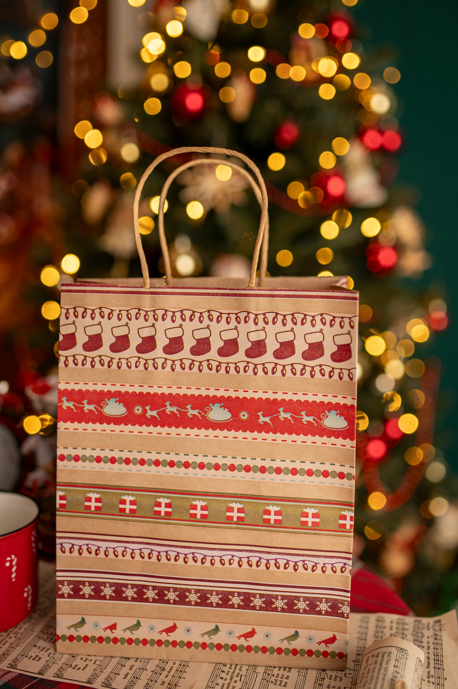 Torba Papierowa z uchwytem skręcanym 330x120x260mm brązowa wzór Świąteczny 4szt.