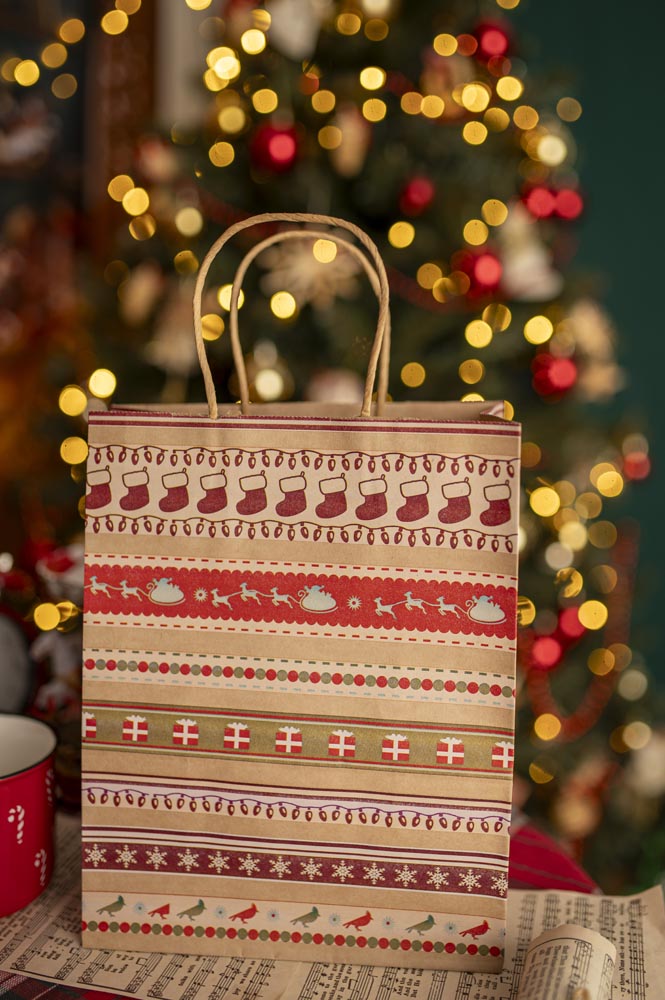 Torba Papierowa z uchwytem skręcanym 210x80x150 brązowa wzór Świąteczny 4szt.