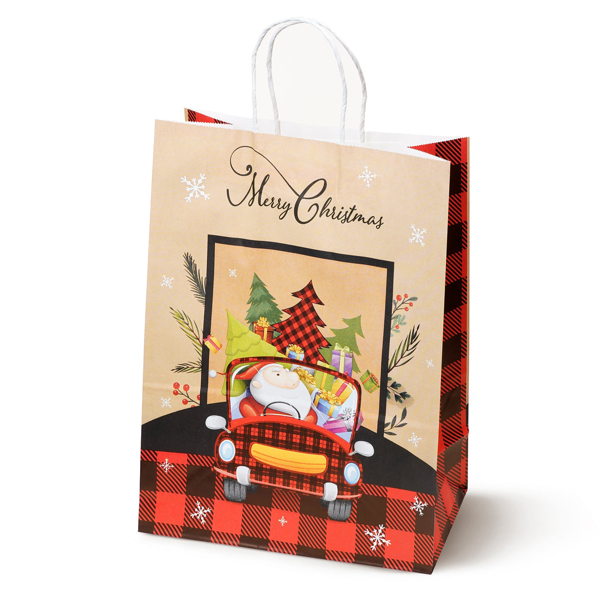 Torba papierowa świąteczna 260x120x330mm Mikołaj Choinka w Kratę 4szt.