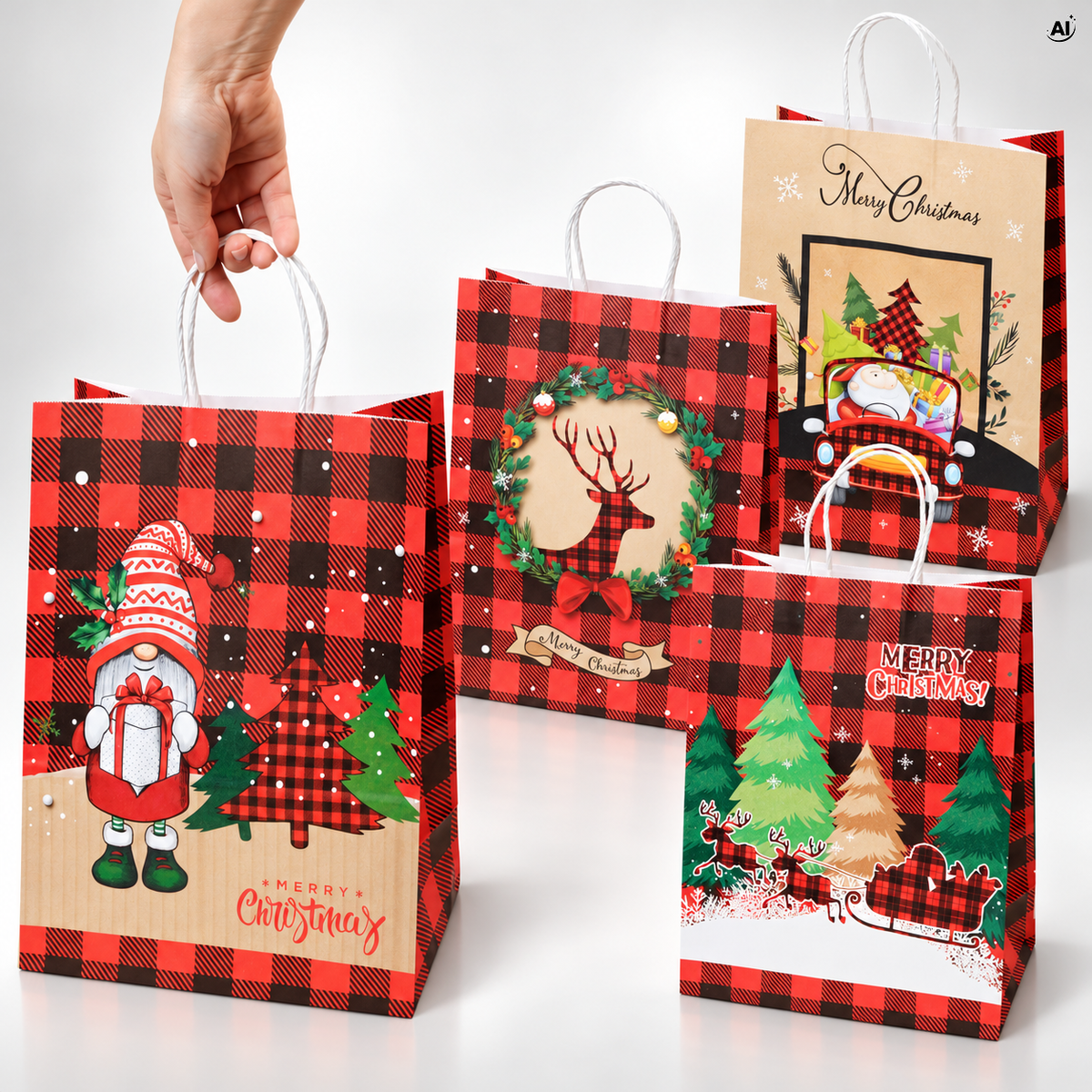 Torba Papierowa z uchwytem skręcanym 330x120x260mm czerwona krata wzór Świąteczny 4szt.