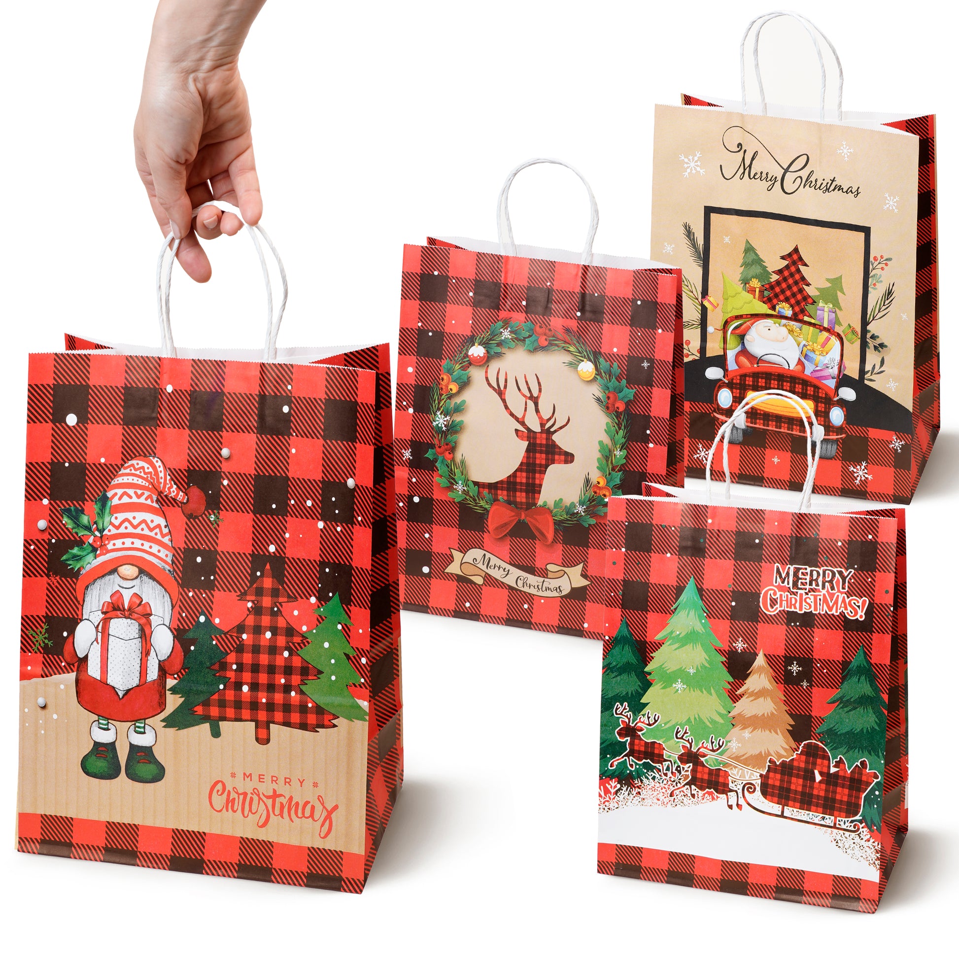 Torba Papierowa z uchwytem skręcanym 330x120x260mm czerwona krata wzór Świąteczny 4szt.