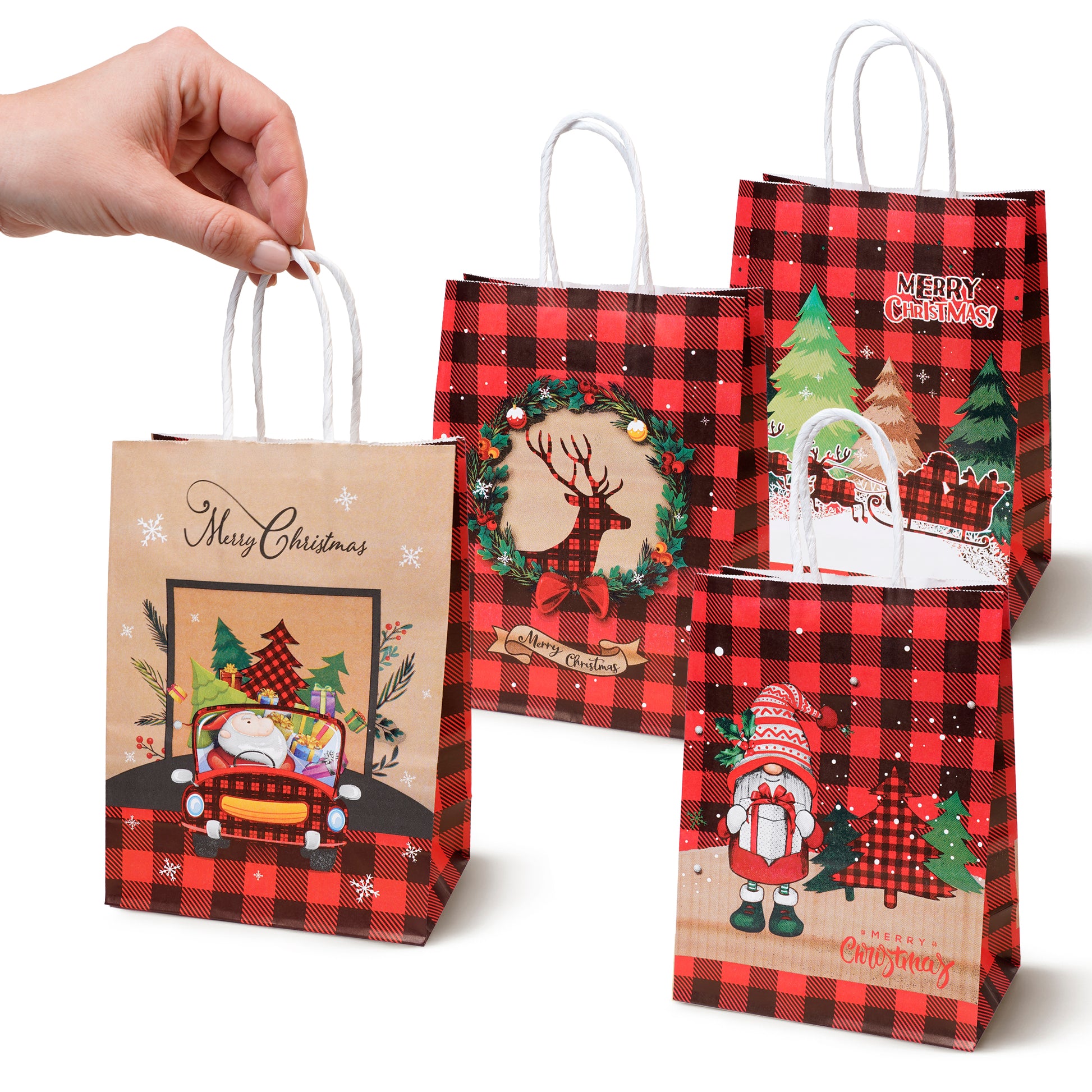 Torba Papierowa z uchwytem skręcanym 210x80x150mm czerwona krata wzór Świąteczny 4szt.