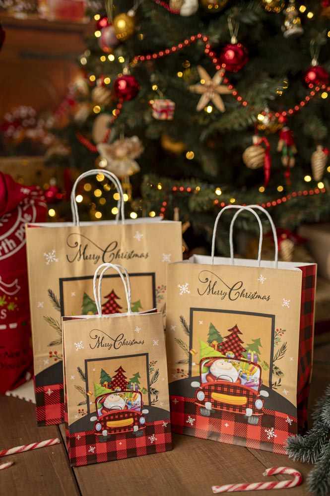 Torba Papierowa z uchwytem skręcanym 210x80x150mm czerwona krata wzór Świąteczny 4sztszt.