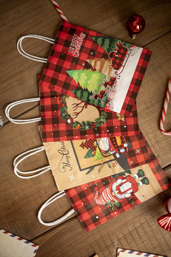 Torba Papierowa z uchwytem skręcanym 210x80x150mm czerwona krata wzór Świąteczny 4sztszt.