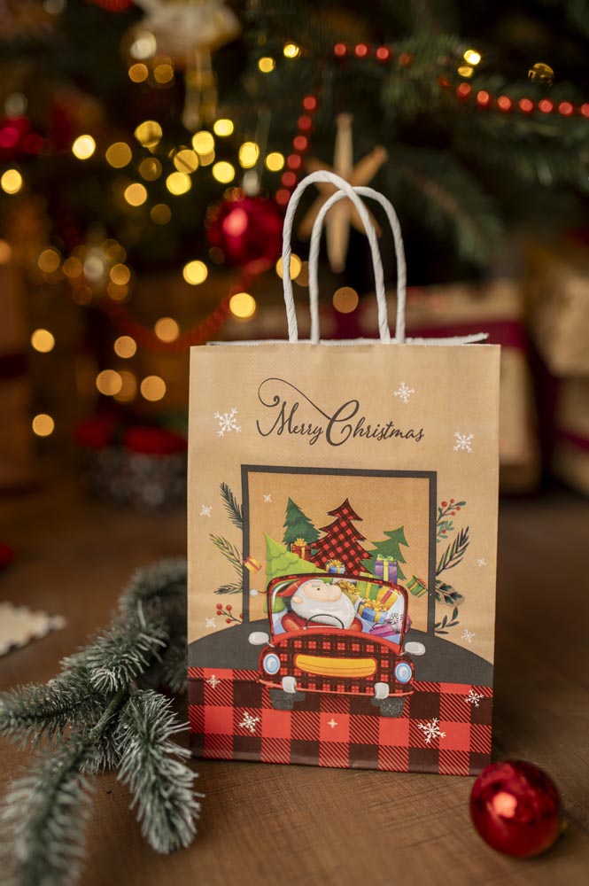 Torba Papierowa z uchwytem skręcanym 210x80x150mm czerwona krata wzór Świąteczny 4sztszt.